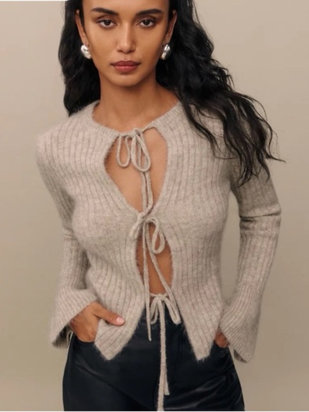 Reformation Cashmere Alpaca Tie Front Cardigan - Beige/Barley - SM